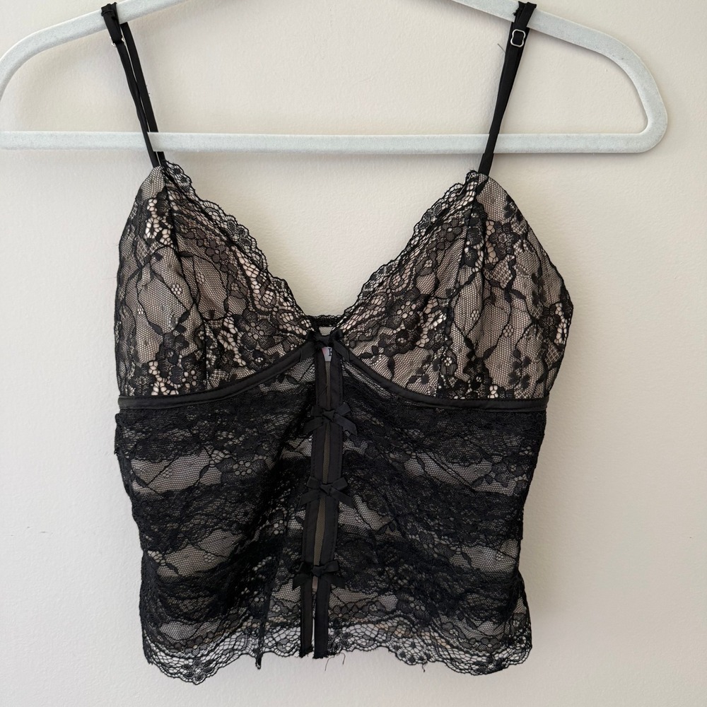 Gab & Kate Black Floral Lace Bow Camisole Bustier Top Tan Lining Size S